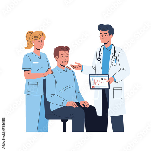 Vector Flat illustration Medical team provides patient care. Doctor explains health data from a tablet to a concerned male, with a supportive nurse