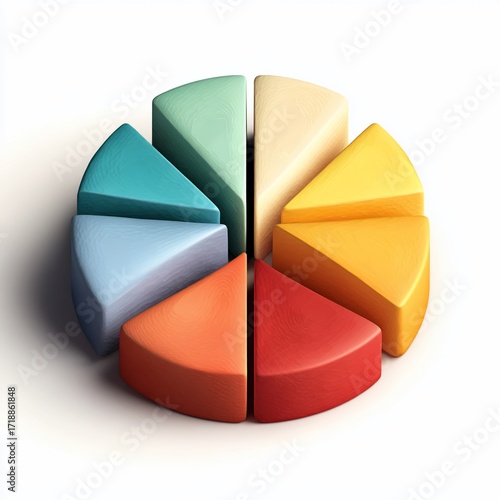 Colorful Wooden Pie Chart Segments on White Background.