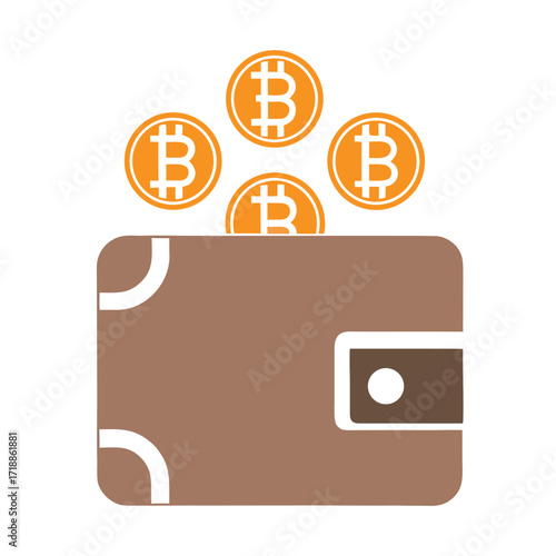 Brown wallet with orange bitcoin symbols above white background cryptocurrency digital