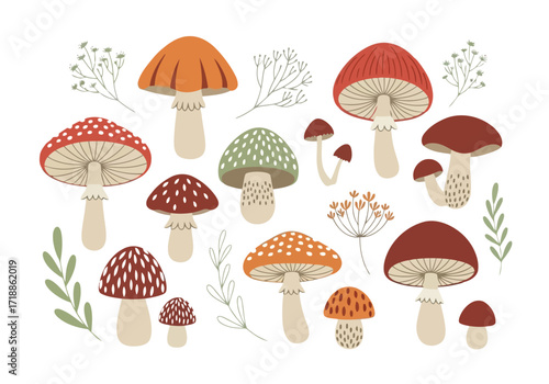 Vector illustration of illustration of collection of colorful cartoon mushrooms and plants