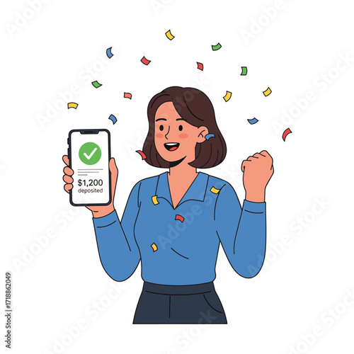 Vector Flat illustration of a happy woman celebrating financial approval on her smartphone, a concept of successful online transactions and achievement