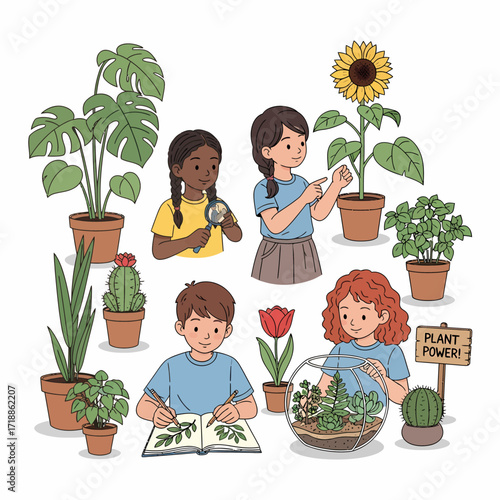 Children engaging in botanical studies, observing, drawing, and caring for various plants.