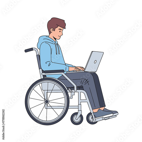 Vector Flat Illustration of a Young Man in a Wheelchair Working on a Laptop, Symbolizing Accessibility, Remote Work, and Inclusive Education