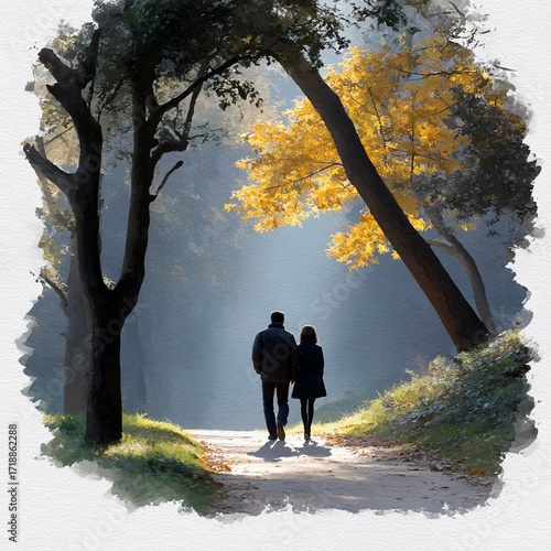 Couple Walking in Autumn Forest - Serene Path Through Golden Trees.