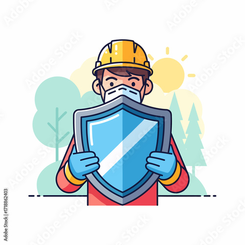 Cartoon character wearing a hard hat, face mask, and gloves, holding a shield, symbolizing protection and safety.