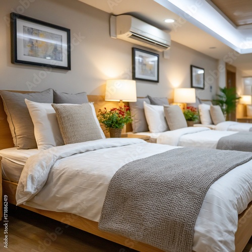 Cozy Hotel Room with Multiple Beds and Modern Amenities.