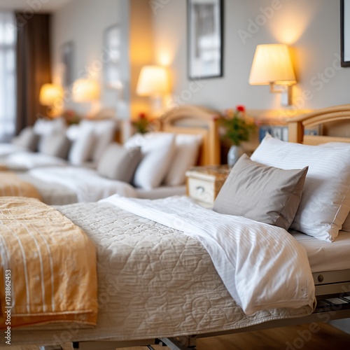 Cozy Hotel Room with Multiple Beds and Warm Lighting.
