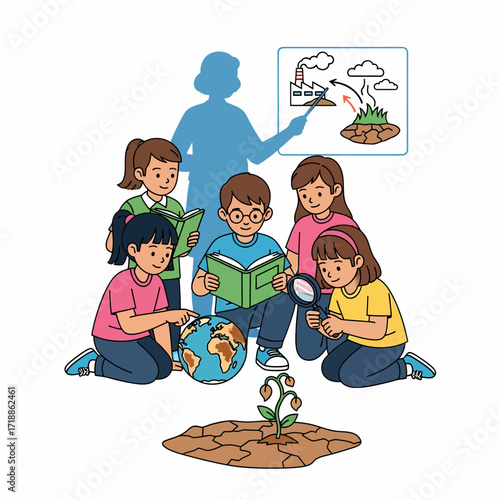 Children learning about environmental issues like drought and pollution with a teacher and educational tools.