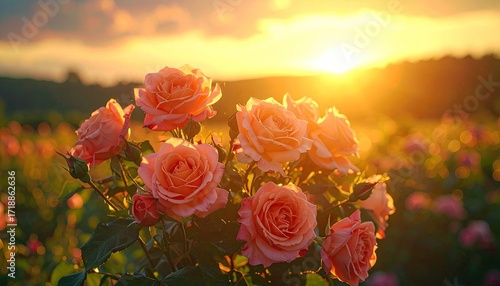 Peach Roses Blooming at Sunset in Field with Golden Light