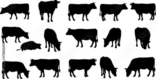 Cow silhouette vector set, black cow icon vector bundle
