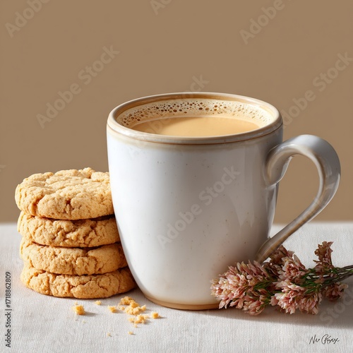 Cozy Still Life - Coffee, Cookies, and Delicate Flowers.