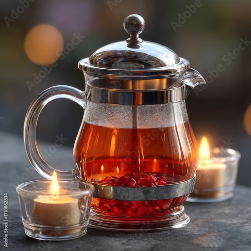 Cozy Tea Time - Glass Teapot with Red Tea and Candlelight.