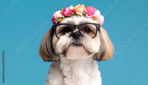 A Shih Tzu dog wearing glasses and a flower crown on his head
