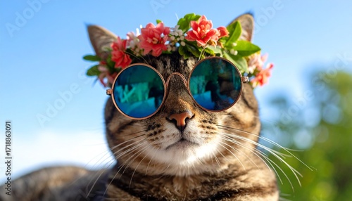 A glamorous tabby cat rocks a flower crown and mirrored sunglasses, emerald eyes spar