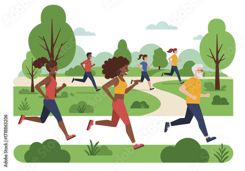 A diverse group jogs on a park path surrounded by trees and green spaces under a partly cloudy sky