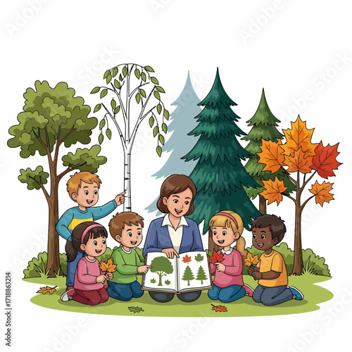 A diverse group of young children and their teacher sitting outdoors on the grass, learning about different types of trees from a book, surrounded by various trees and autumn leaves.