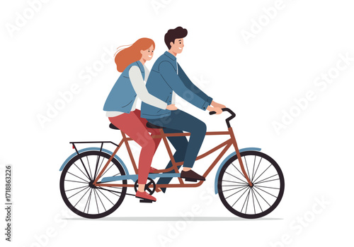 A couple riding a tandem bicycle both smiling and appearing content
