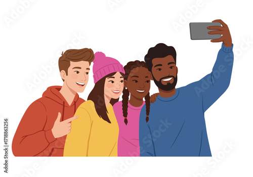 A diverse group of four friends pose for a selfie smiling at the camera phone
