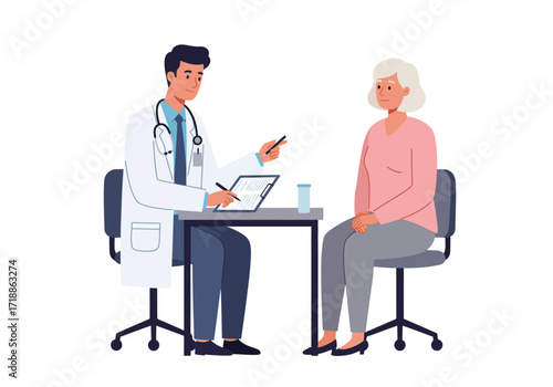 A doctor reviews paperwork at his desk with a seated female patient nearby