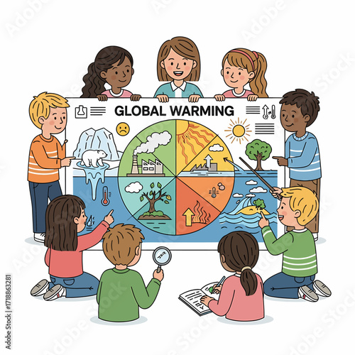 Illustration of children learning about animals, including a zebra, lion, elephant, and monkey.