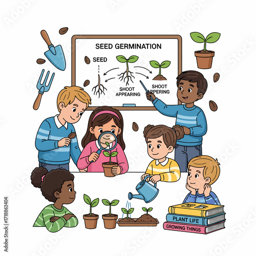 Children learning about seed germination, with a teacher pointing at a diagram and using tools.