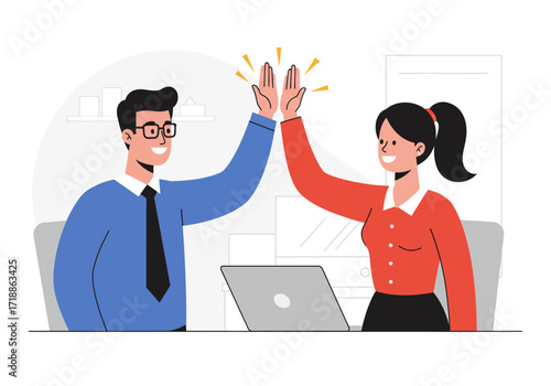 Cartoon depiction of business colleagues giving each other a highfive in an office