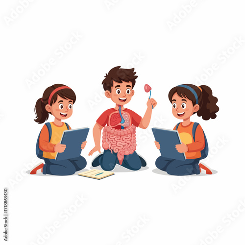 Three children studying human anatomy, one holding a model of a heart, learning together.