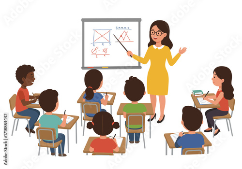 Classroom scene teacher instructs students at desks near a whiteboard with mathematical equations
