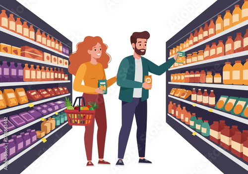 Couple shopping for groceries in a supermarket aisle selecting items from the shelves