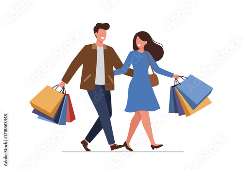 Couple shopping man in jacket woman in dress both holding shopping bags smiling