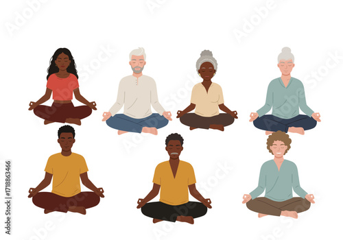 Diverse group meditating in lotus position