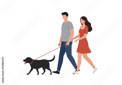 Couple walking a black dog on a leash