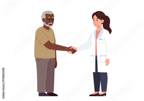 Doctor shakes hands with senior patient both smiling in a friendly medical setting