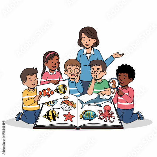 A teacher shows a book about sea creatures to a group of children in a classroom.