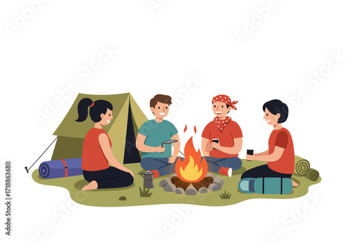 Four people camping by a campfire with a tent and sleeping bags nearby