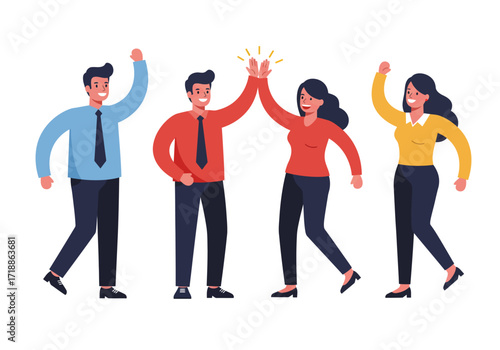 Four people celebrate with raised arms and a highfive