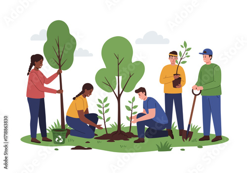 People plant trees two stand three kneel using a shovel bucket and a potted seedling on a green field under a cloudy sky