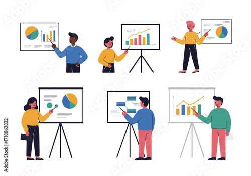People present various graphs with presenters using pointers set against a white background