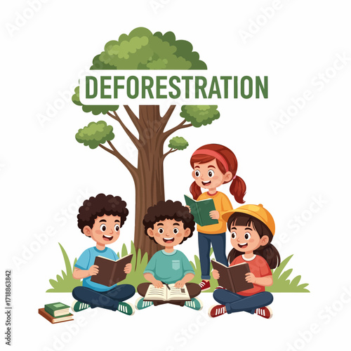 Children reading books about deforestation under a tree, learning about environmental issues and conservation.