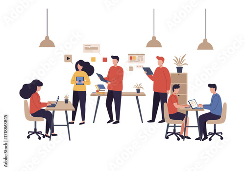 People working in an office space with desks chairs lamps and speech bubbles around them