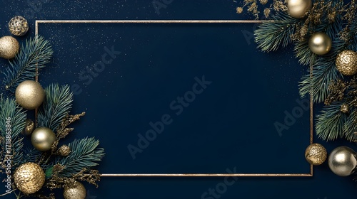 Elegant christmas frame with golden baubles pine needles and bokeh on a deep blue background festive holiday invitation greeting card template