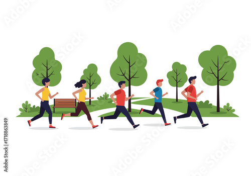 People run in a park with trees and a bench visible