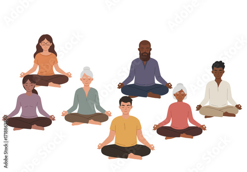 Seven individuals in meditation pose are positioned against a white background