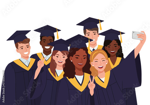 Six graduates in caps and gowns take a selfie