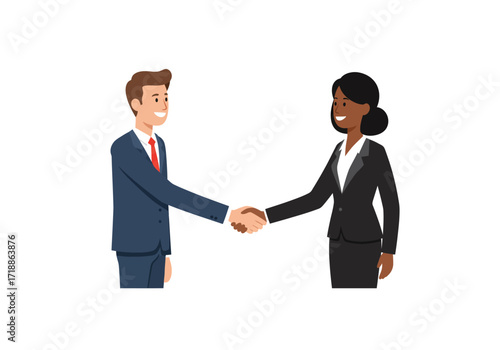 Smiling business people man and woman shake hands in a formal setting