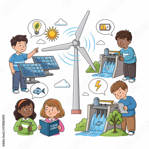 Illustration depicting children learning about renewable energy sources like solar, wind, and hydroelectric power.