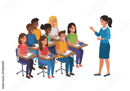Students in a classroom listen to a teacher standing and presenting