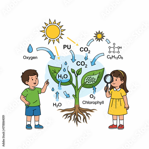 Illustration depicting photosynthesis process with children, sun, plant, and chemical formulas.