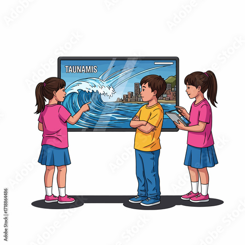 Three children are looking at a screen displaying a tsunami, one pointing at it.