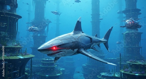 Wallpaper Mural Cybernetic Shark Guardian in Sunken City - A Futuristic Underwater Scene. Torontodigital.ca